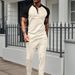 Men's Waffle-Knit Color Block T-Shirt & Pants Set - Breathable Summer Casual Outfit With Crew Neck (Green/Burgundy/Khaki/Grey, S-XXXL)_viptrois.com