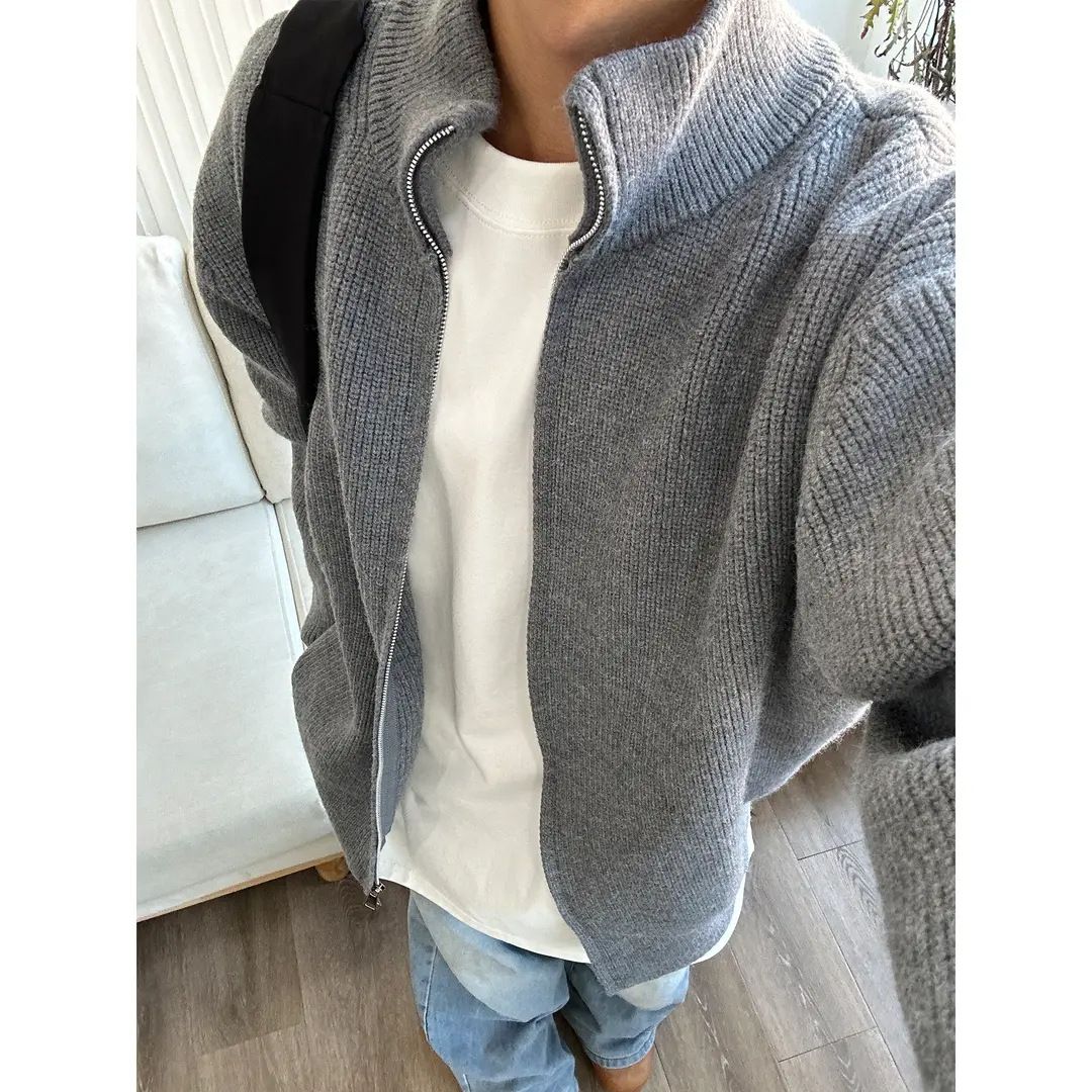 Cleanfit Zip-Up Cardigan For Men - Stand Collar, Oversized Knit Sweater, Vintage-Inspired Loose Fit, Light Grey/Black/Dark Grey, Sizes M-3XL"_viptrois.com