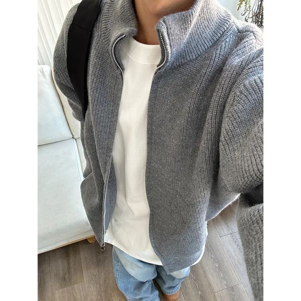 Cleanfit Zip-Up Cardigan For Men - Stand Collar, Oversized Knit Sweater, Vintage-Inspired Loose Fit, Light Grey/Black/Dark Grey, Sizes M-3XL"_viptrois.com