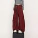 Men's High Street Deconstructed Jeans - Wide-Leg Cargo Pants With Asymmetrical Hem (Wine Red/Black)_viptrois.com