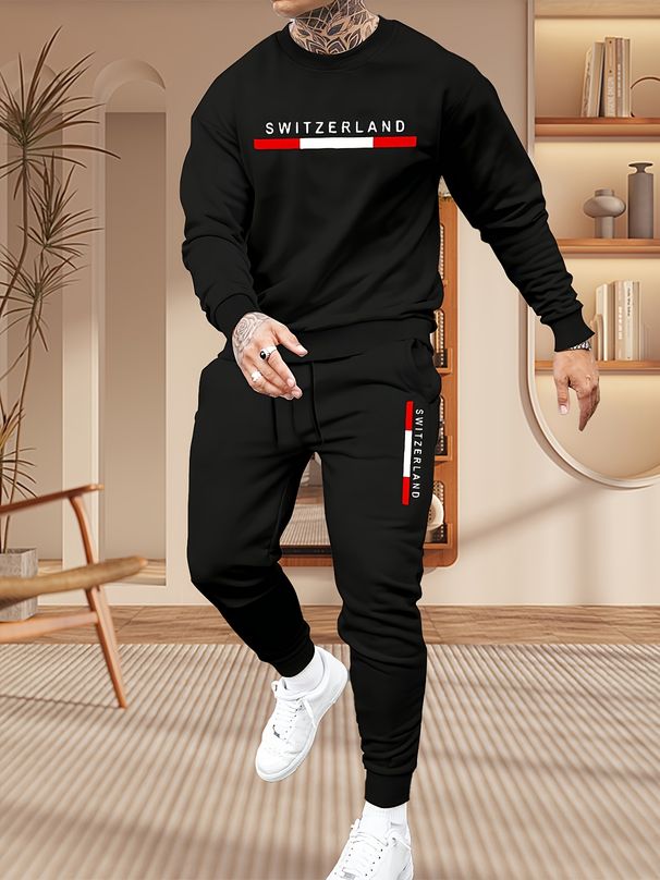 Men's Autumn And Winter Casual Warm Letter Pattern Print Loose Thick Velvet Round Neck Sports Shirt+sports Pants Set_viptrois.com