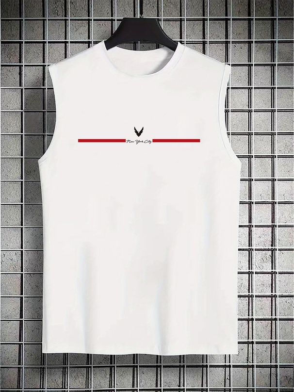 100% Pure Cotton Men's Summer Casual Sports Fitness Loose New York Letter Pattern Printed Breathable Round Neck Sleeveless Vest_viptrois.com