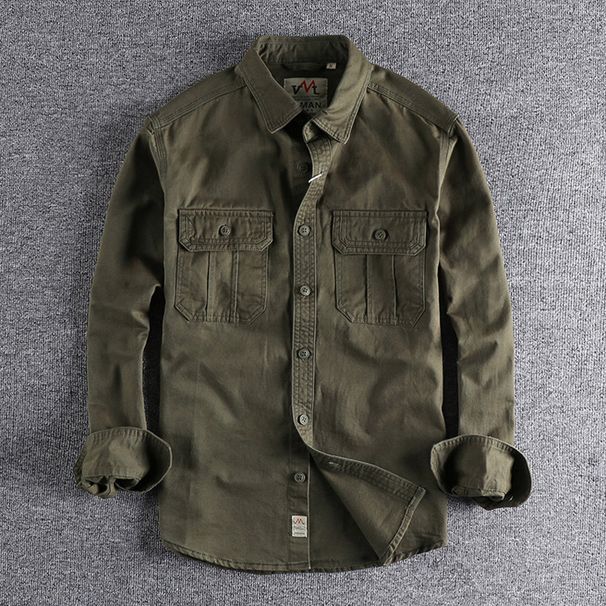 Men's Clothing Workwear Multi Pocket Shirt Jacket Simple Washed Distressed Versatile Long Sleeved Shirt Casual Tops_viptrois.com