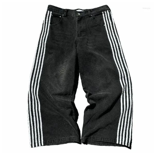 Men's Jeans Baggy Harajuku Goth For Men Black Striped Hip Hop Embroidered Wide Leg Denim Pants High Street Streetwear_viptrois.com