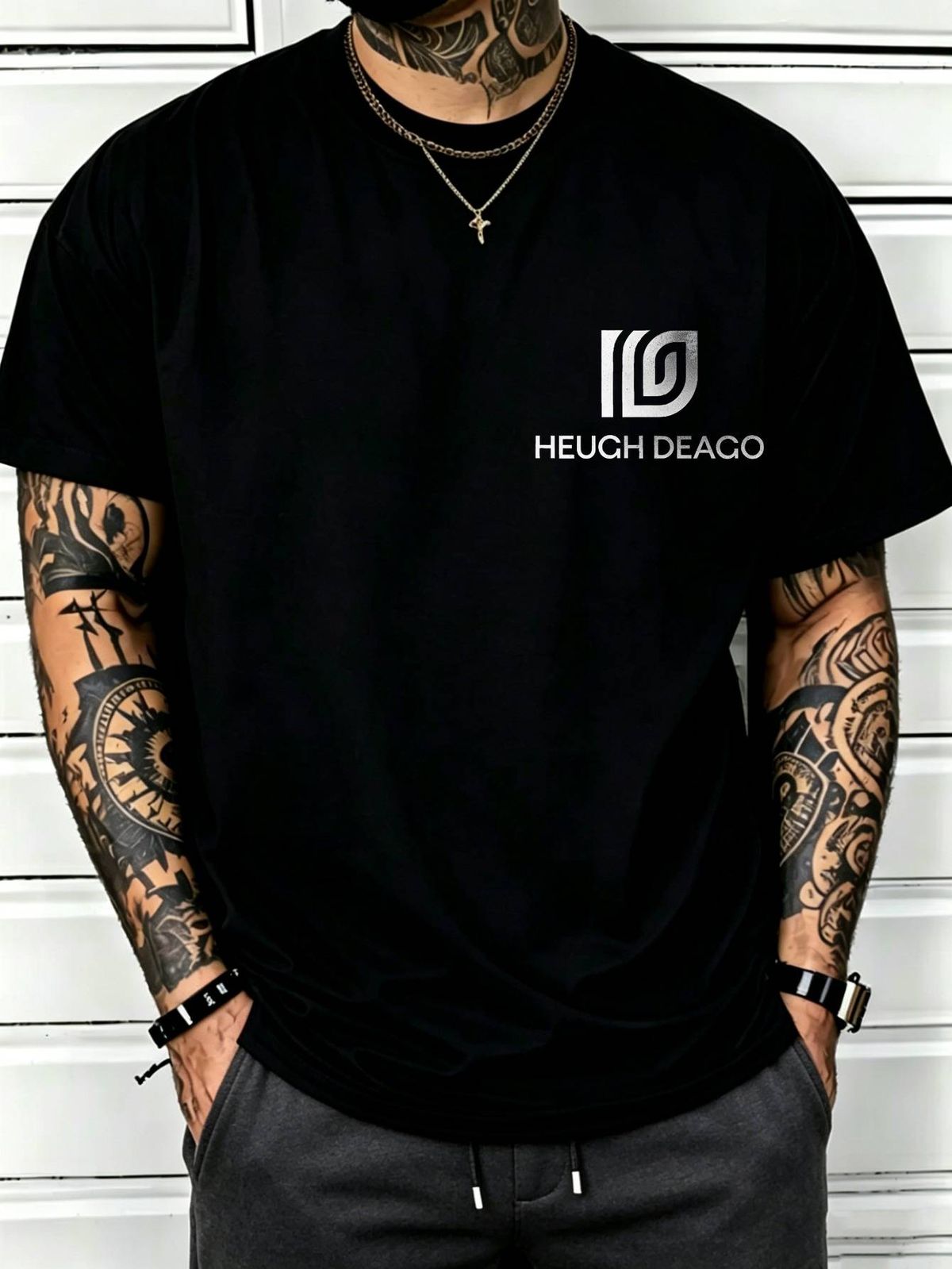100% Cotton Men Crew Neck Tee HEUGH DEAGO Branding With Geometric Logo Print Short Sleeve Casual Daily Top_viptrois.com