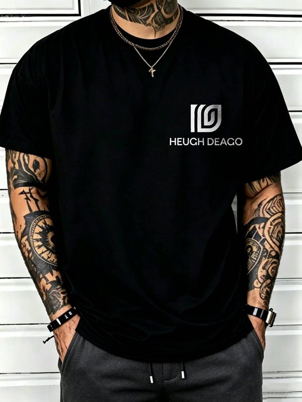100% Cotton Men Crew Neck Tee HEUGH DEAGO Branding With Geometric Logo Print Short Sleeve Casual Daily Top_viptrois.com