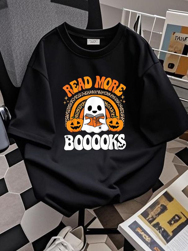 Read More Books Booooks Ghost Pumpkin Cute Teacher Halloween T-Shirt Print Round Neck Short Sleeve Female Stretched Women Summer Women Top Graphic Tees Soft Casual Designer Clothes Stylish Streetwear Unisex Fashion Top For Everyday Wear_viptrois.com