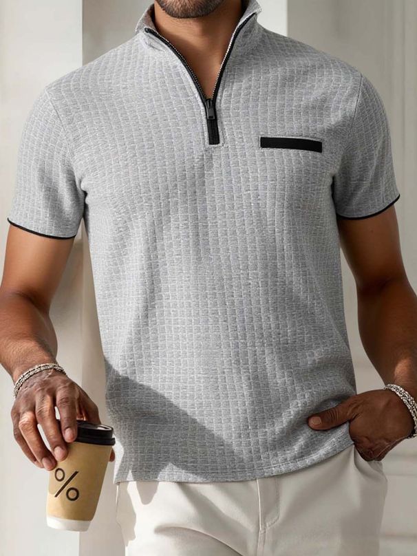 Men's Summer Polo Shirt With Stand Collar & Zipper Detail, Short Sleeve Checkered T-Shirt, Casual Slim Fit Breathable Top_viptrois.com