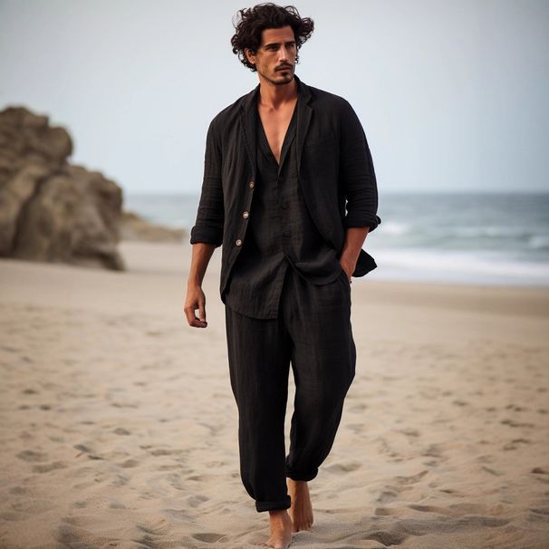 Men's Casual Linen-Blend Shirt & Wide-Leg Pants Set – Black (S-XXXL) | Early Autumn Relaxed Fit_viptrois.com
