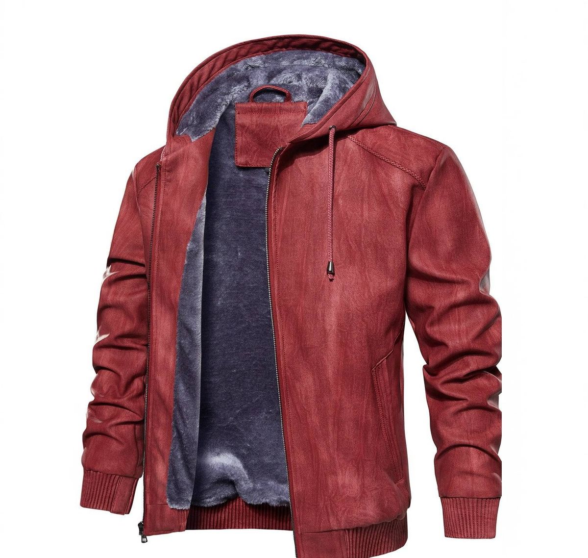 Men's Faux Leather Hooded Jacket – PU Coated Windbreaker, Warm Fleece Lined, Stylish Biker-Inspired Outerwear (S-XXXL, Dark Brown/Black/Red)_viptrois.com