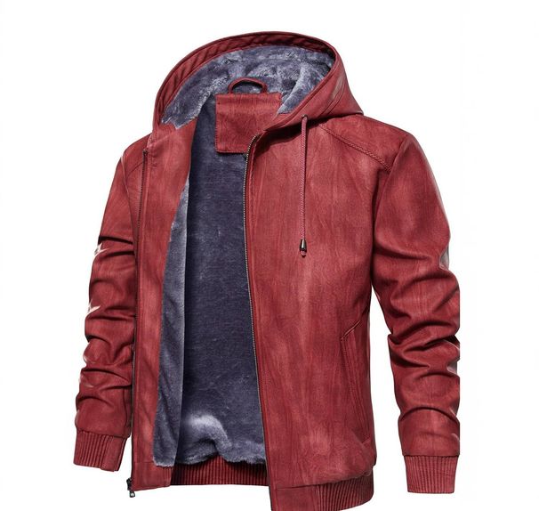 Men's Faux Leather Hooded Jacket – PU Coated Windbreaker, Warm Fleece Lined, Stylish Biker-Inspired Outerwear (S-XXXL, Dark Brown/Black/Red)_viptrois.com