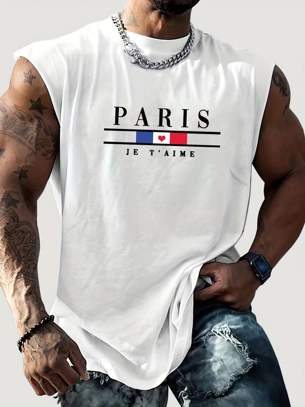 100% Pure Cotton Men's Summer Casual Sports Fitness Loose Paris Letter Pattern Printed Breathable Round Neck Sleeveless Vest_viptrois.com