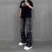 Men's Clothing High Street Thorn Jacquard Jeans Men's Retro Versatile Washed Flared Pants Straight Trousers_viptrois.com