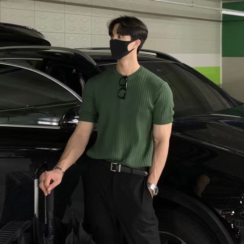 Men's Clothing Ice Silk Short Sleeved T Shirt Casual Simple Slim Style Men's Tops Trendy Knitted Sweater_viptrois.com