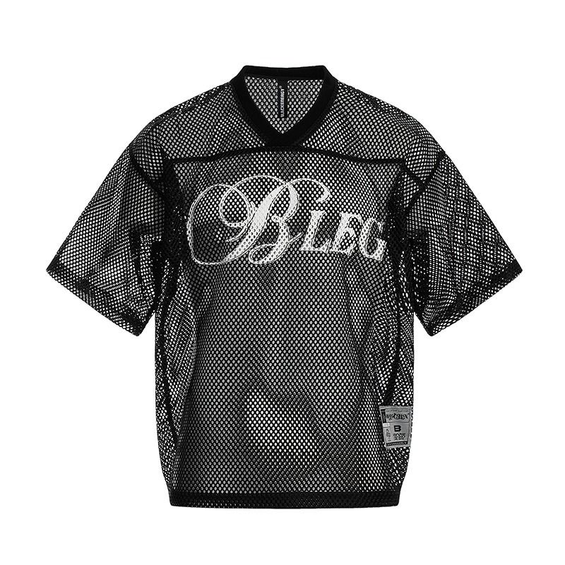 Letter-printed V-neck Short-sleeve T-shirt, Summer Hollow-out Cropped Jersey, Loose-fitting Mesh Top For Men And Women_viptrois.com