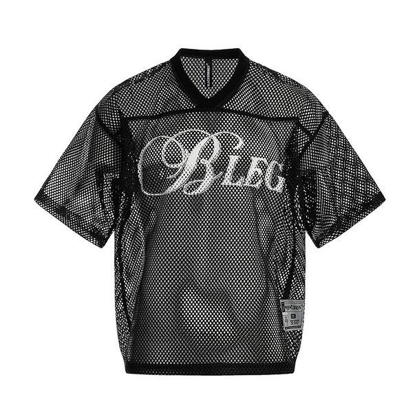 Letter-printed V-neck Short-sleeve T-shirt, Summer Hollow-out Cropped Jersey, Loose-fitting Mesh Top For Men And Women_viptrois.com