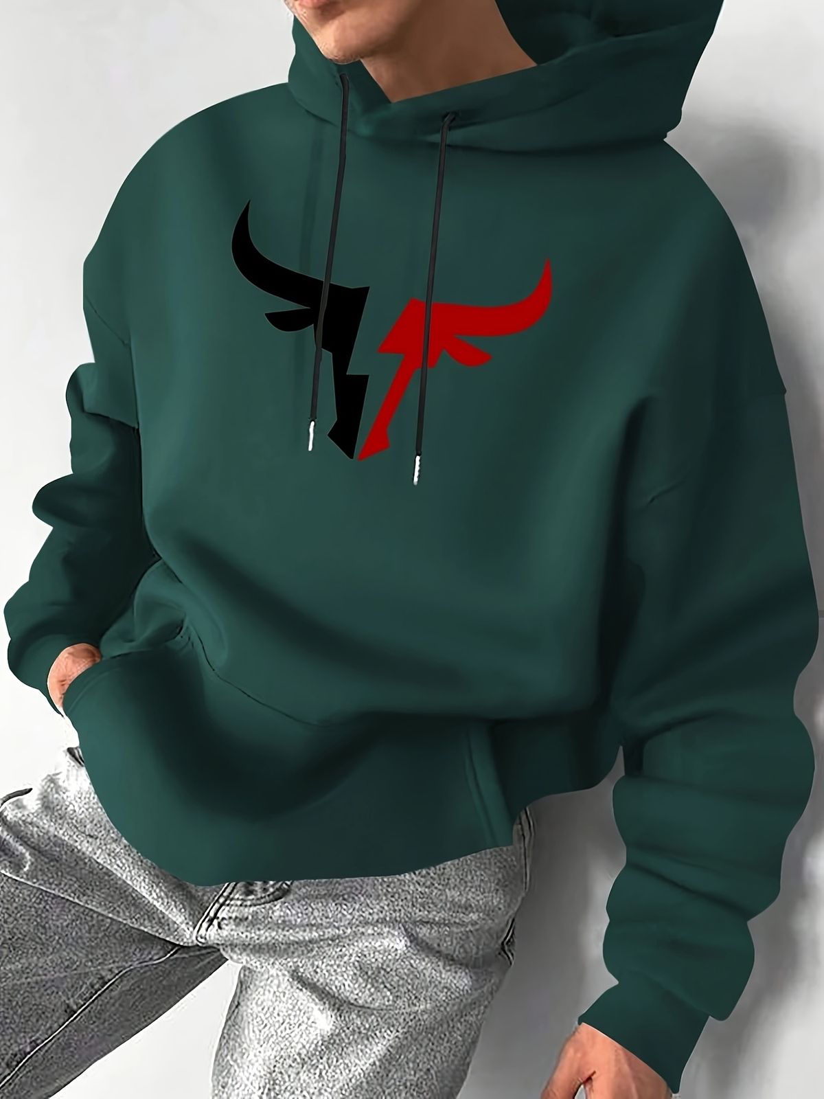 Men's Autumn And Winter Casual Fashionable Loose Hooded Sweatshirt With Red Horn Print Warm Long Sleeved Pullover_viptrois.com