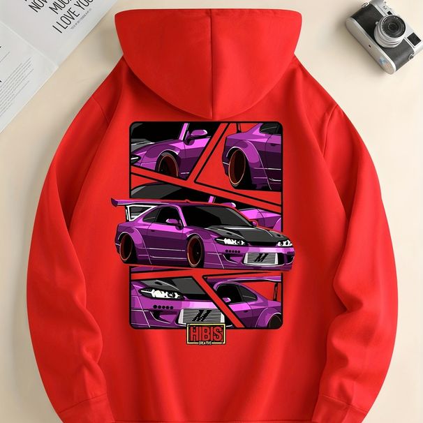 Men's Autumn And Winter Casual Fashion Loose Hooded Sweatshirt Trending Purple Racing Car Graphic Print Warm Long Sleeved Pullover_viptrois.com