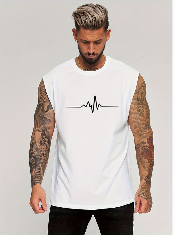 100% Pure Cotton Men's Summer Casual Sports Fitness Loose And Simple Pattern Printed Breathable Round Neck Sleeveless Vest_viptrois.com