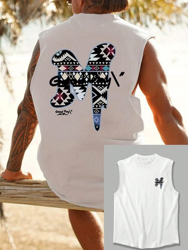 100% Pure Cotton Men's Summer Casual Sports Fitness Loose Letter M Pattern Printed Breathable Round Neck Sleeveless Vest_viptrois.com