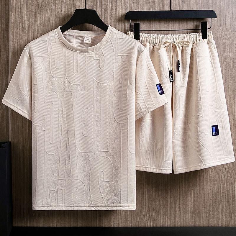 Men's Clothing Heavy Jacquard Short Sleeved Suit Men's Casual Loose Large Size Trendy Brand Ins All Match Shorts Two Piece Suit For Students_viptrois.com