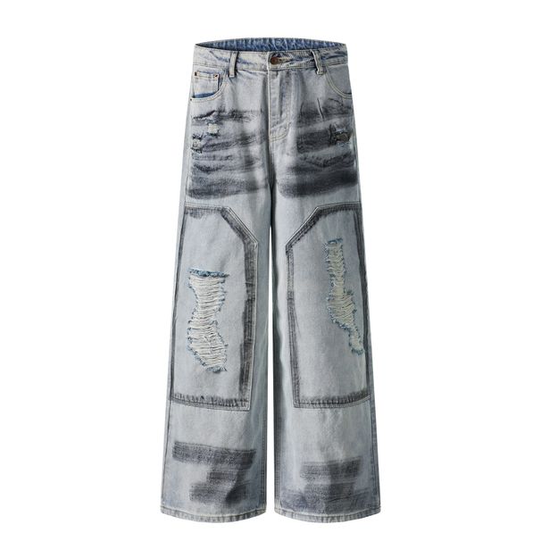Men's Clothing Jeans Hand Painted Graffiti Dirty Jeans Men And Women Wide Leg Loose Washed Trousers_viptrois.com