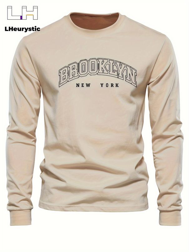 Men's Spring And Autumn Cotton Loose And Comfortable Versatile Brooklyn Letter Pattern Printed Round Neck Long Sleeve T-shirt Top_viptrois.com