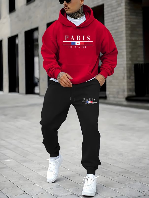 Men's Autumn/Winter Casual Fashion Paris Pattern Printed Loose Suede Thick Hoodie+Sports Pants Set_viptrois.com