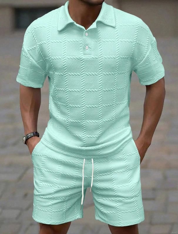 2027 Summer Fashion Tracksuits Men Lapel Short Sleeve T-Shirt + Lace-Up Shorts Two-Piece Casual Sport Suits_viptrois.com