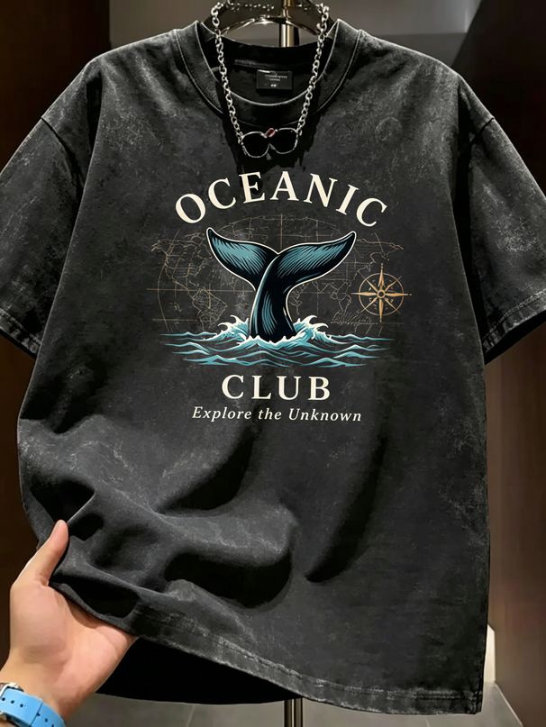 Summer New Washed Short-sleeved T-shirt, Men's Retro Oceanic Club Whale Tail Print Youth Loose Casual Street Tee_viptrois.com