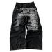 Men Faded Black Baggy Wide Leg Denim Pants, Full Front Text Print Streetwear Loose Casual Jeans_viptrois.com