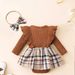Baby clothing cartoon bear print long sleeve triangle dress + plaid skirt + headband_viptrois.com
