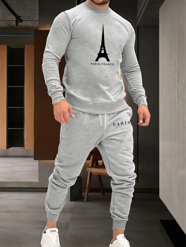 Men's Autumn And Winter Casual Warm Paris Tower Print Loose Thick Velvet Round Neck Sports Shirt+sports Pants Set_viptrois.com