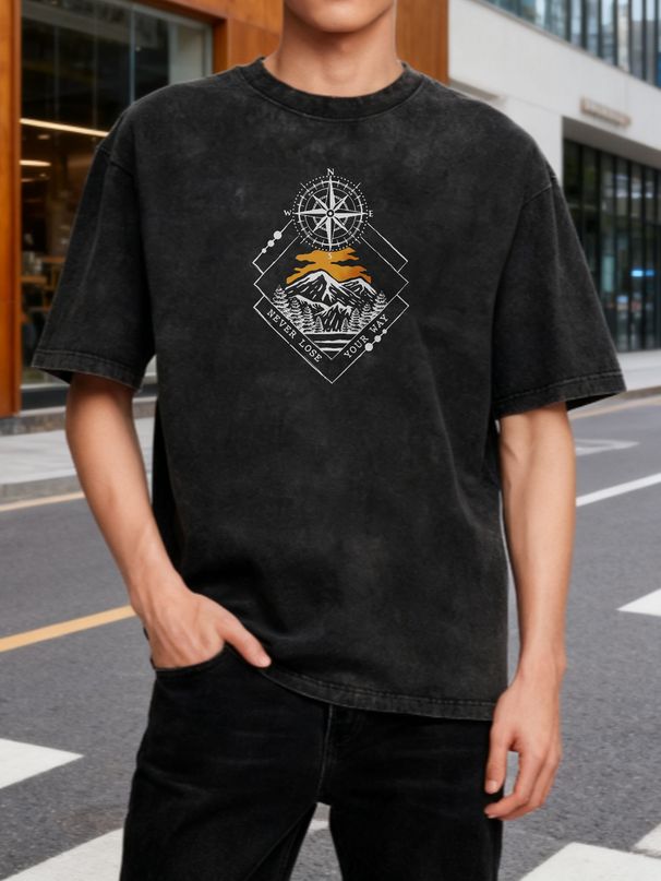 Vintage Style T Shirt Mountain Compass Graphic Washed Cotton Oversized Fit Unisex Outdoor Adventure Wear_viptrois.com