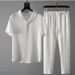 Men's Clothing Short Sleeved Ice Silk Linen Suit Men's Summer Large Size Loose Mid Sleeve T Shirt Cotton And Linen Two Piece Suit_viptrois.com