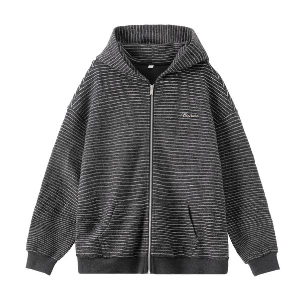 Monochrome Man- Vintage Color-Block Striped Hooded Sweatshirt For Men, Autumn And Winter Japanese Style Loose Thick Warm Hoodie Jacket_viptrois.com