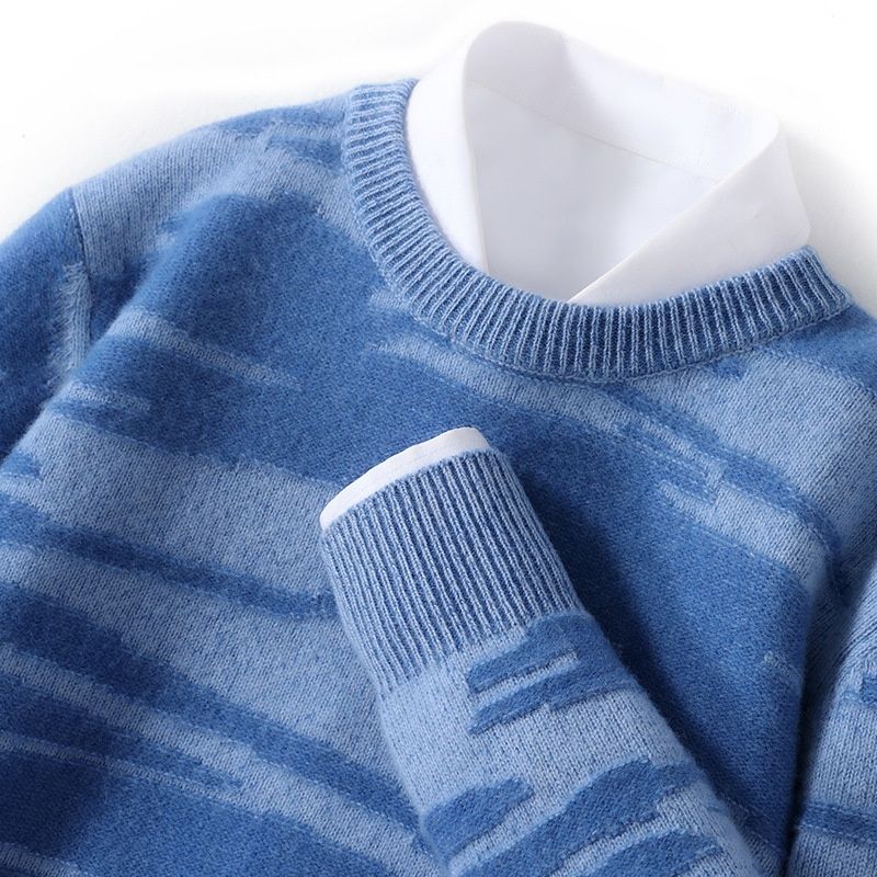 Nordmann Autumn Winter New Pure Wool Thickened Round Neck Color Block Sweater Loose Fashion Cashmere Knitted Base Shirt Men_viptrois.com