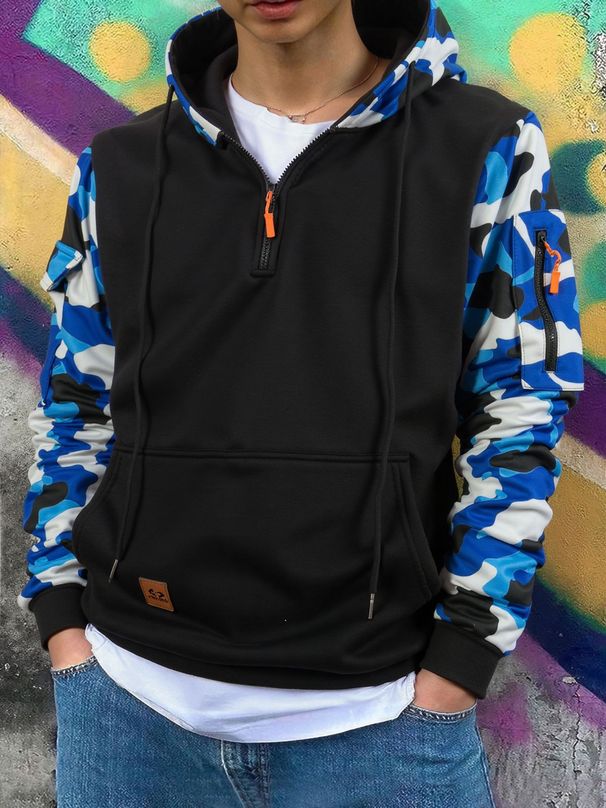 Men's Camo Color Block Zip-Up Hoodie With Kangaroo Pocket – Lightweight Fleece Lining, Relaxed Fit For Casual & Outdoor Wear (S-XXXL)_viptrois.com