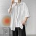 Summer Pleated Ice Silk Short Sleeved Shirt For Men Bf Handsome Trendy Brand Hong Kong Style J Loose Trendy Cardigan Half Sleeved Top_viptrois.com