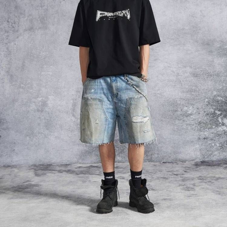 Men's Vintage Washed Denim Shorts - 5-Inch Inseam Dirty Finish Distressed Casual Cargo Shorts For Men, Retro Streetwear_viptrois.com
