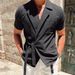 Men's Clothing Summer Solid Color Cotton And Linen Suit Lapel Lace Up Short Sleeved Shirt_viptrois.com