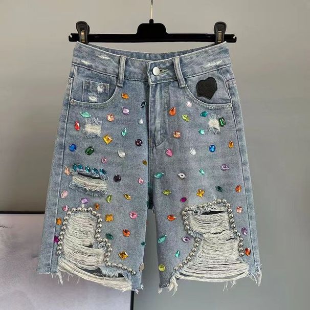 Men's Clothing Colorful Diamond Studded Ripped Denim Shorts Summer New High Waist Loose Breeches For Women_viptrois.com