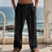 Monochrome Man- European American Cross-Border Linen Spring And Autumn Drawstring Waist Side Buckle Solid Color Daily Men's_viptrois.com