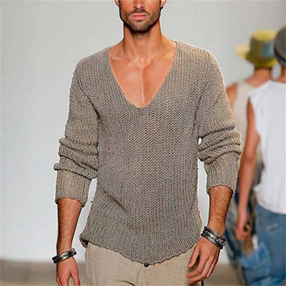 Spring 2025 Fashion Knitwear Pullovers Men V-Neck Pure Color Long Sleeve Loose Sweater_viptrois.com