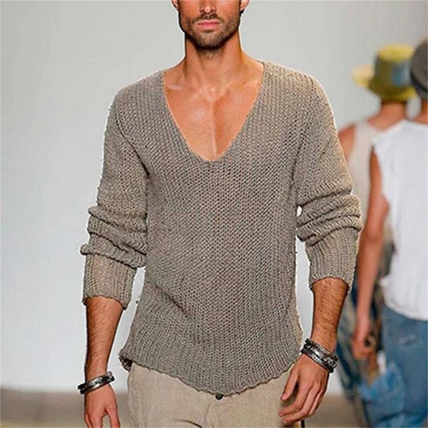 Spring 2025 Fashion Knitwear Pullovers Men V-Neck Pure Color Long Sleeve Loose Sweater_viptrois.com