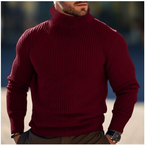 Men's Striped High Neck Knit Sweater – Slim Fit Acrylic-Blend Pullover With Ribbed Hem (Breathable, Lightweight, Winter Casual Wear, )_viptrois.com