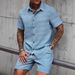 Men's Summer Jacquard Shirt & Shorts Set – Breathable Poly-Cotton Blend, Short-Sleeve Casual Outfit (Turmeric/White/Lake Blue, Sizes M-XXXL_viptrois.com