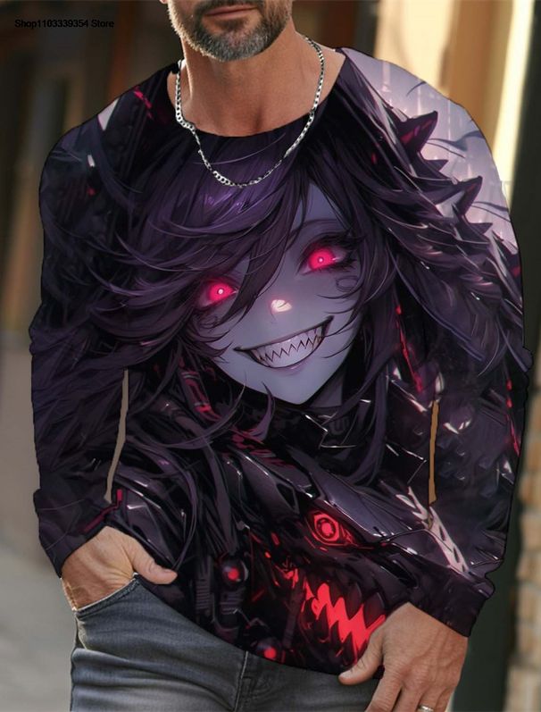Men's Long Sleeve Oversized T-Shirt With 3D Sexy Cartoon Girl Print, Harajuku Style Polyester Unisex_viptrois.com