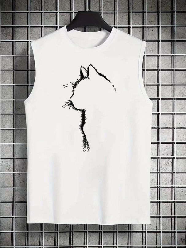 100% Pure Cotton Men's Summer Casual Sports Fitness Loose Cat Pattern Printed Breathable Round Neck Sleeveless Vest_viptrois.com
