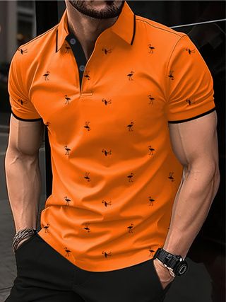Men's Clothing New Men's Lapel Polo Flamingo Short Sleeved Shirt Fashionable Personality Printed Street Short Sleeved Top_viptrois.com
